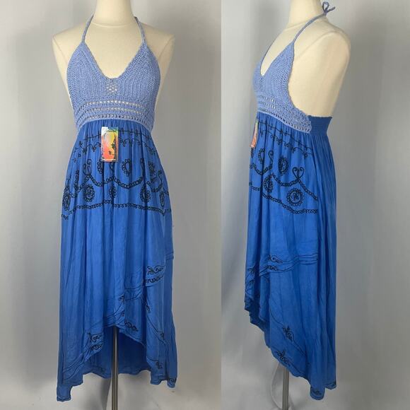 Boho Midi Dress Size Small Blue Embroidered Crochet Hi Low Beach Gypsy Festival - Picture 16 of 16